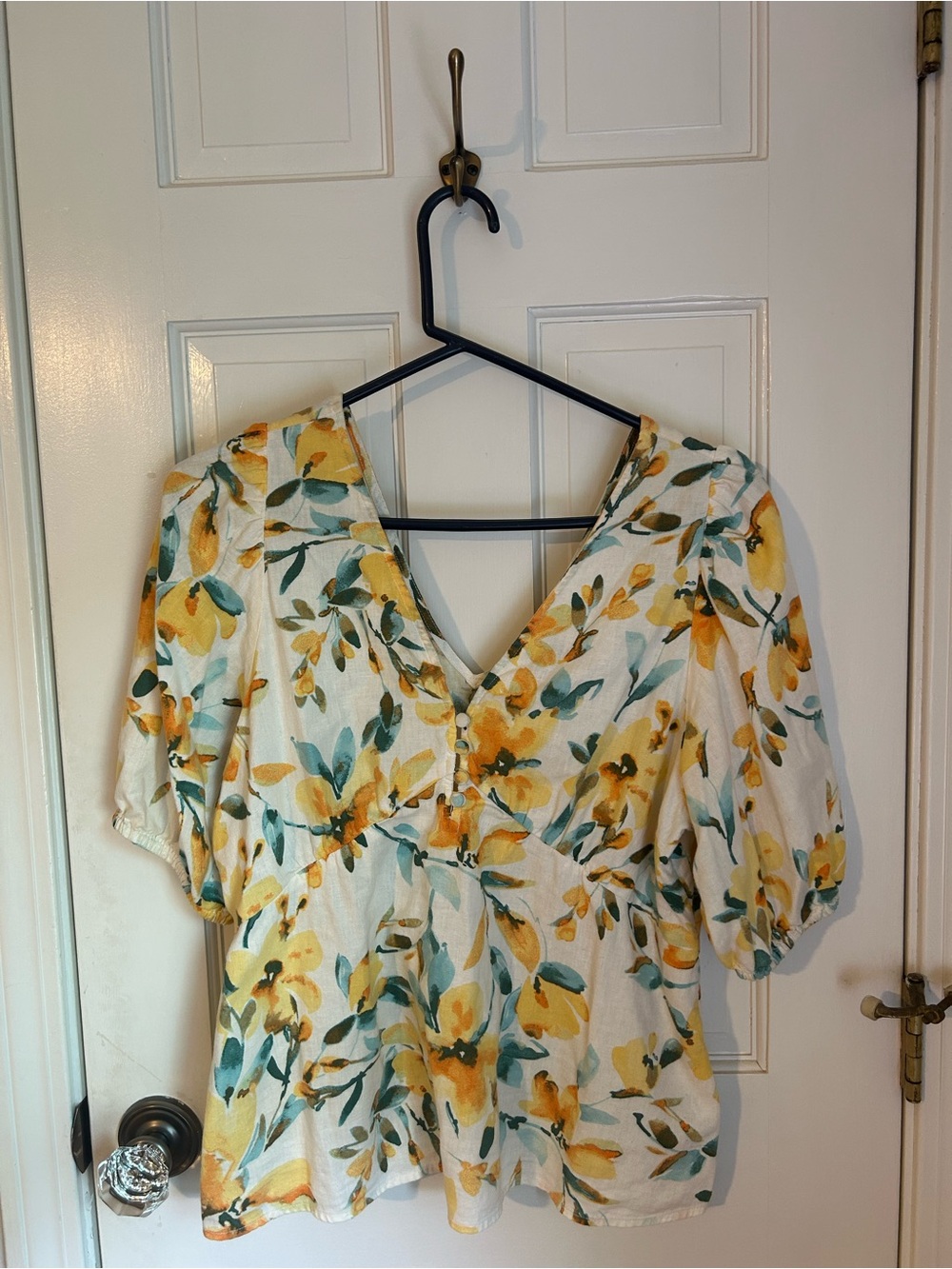 GAP White Floral V-Neck Puff Sleeve Blouse with Yellow & Green Print